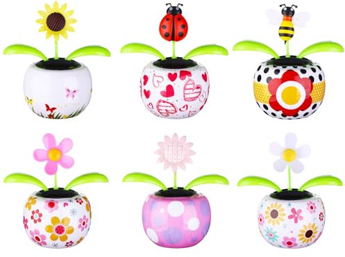 6 Solar Dancing Bee Toy Solar Powered Dancing Sun Flower in Colorful Pots Swinging Ladybug Shape Flip Flap Animated Bobblehead Dancer Window Sunflower Sun Catcher Car Dashboard Decor