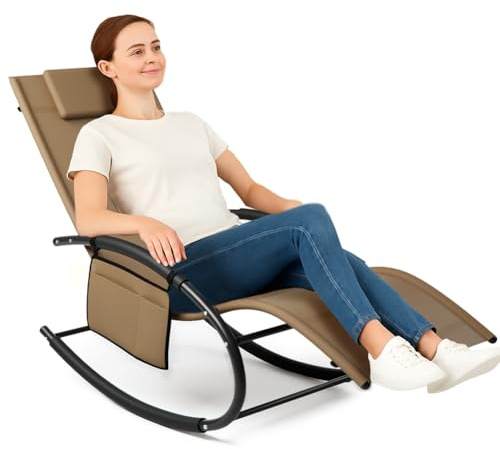 BAKAJI Silla Mecedora de jardín, Tumbona de Gravedad Cero, con Revestimiento de textileno con reposacabezas, sillón para Exteriores e Interiores, balcón, Patio, terraza (marrón)
