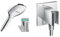 hansgrohe Raindance Select E - Pommeau de douche 3 types de jet, Douchette à main carré (diamètre 120 mm), Chromé & Support de douche Porter Square chromé, fixfit 26486000
