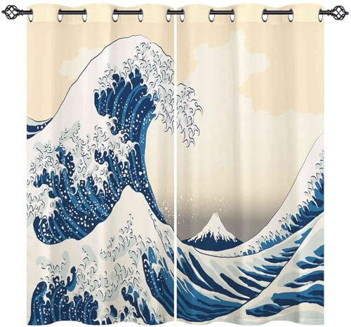 ANHOPE Japanische Welle Berg Fuji Verdunklungsvorhänge mit Ösen Blickdichte Gardinen Thermo Vorhänge Blackout Curtain Weich Wohnzimmer Schlafzimmer Vorhang 2er Set H 138 x B 107 cm