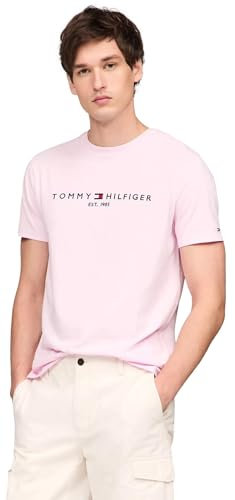 Tommy Hilfiger T-shirt à col rond brodé avec logo Tommy pour homme, coupe classique, taille L, blanc, Rose simple, Taille XL