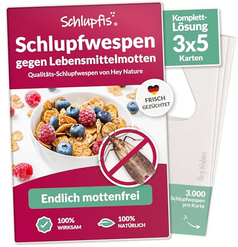 Schlupfwespen gegen Lebensmittelmotten - Komplett-Kur mit 15 Karten | (5 Karten à 3 Lieferungen) | Motten effektiv + natürlich bekämpfen INKL. BERATUNG | Alternative zu Mottenfallen, Mottenspray