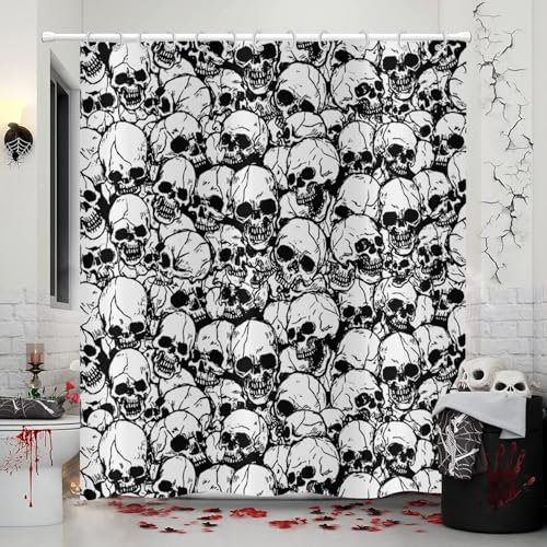 Rideau de douche Halloween 180x200, Hnmdmyi Noir et Blanc Crâne Rideau de douche Gothique Effrayant Halloween Thème Rideau de Baignoire Imperméable Polyester Tissu Lavable Rideau de Bain avec Crochets