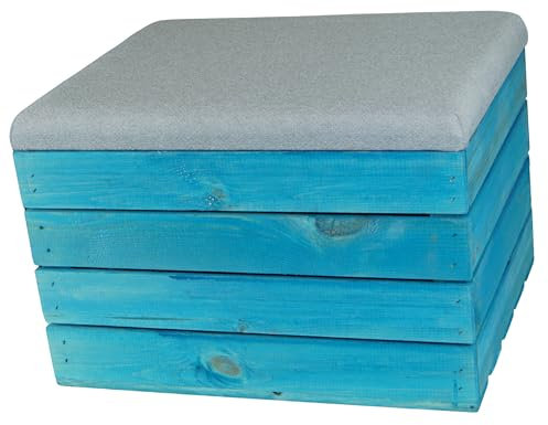 Kistenkolli Altes Land Sitzhocker mit Stauraum, Fußbank Aufbewahrungsbox 50x40cm Sitzhocker Holztruhe Aufbewahrungskiste Holztruhe Sitzpouf & Fußhocker (Türkis Polster Hellgrau)
