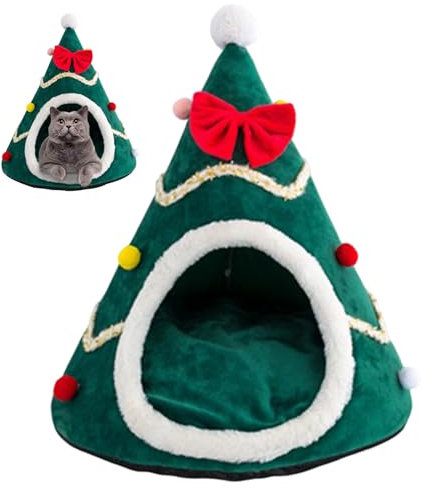 Cama de Gato de Navidad - Casa de Mascotas con Cojín Desmontable, Lindo Diseño de Árbol Decorativo, Suave y Cálida Cueva para Perros y Gatos en Invierno