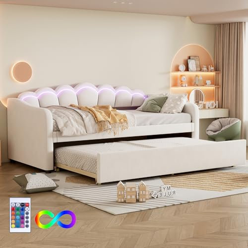 Schlafsofa 90 x 200 cm, Schlafsofa 1-Sitzer, ausziehbar, Bett Sofa 90 x 200 cm, Ottomane mit Ausziehbett, Schlafsofa, Einzelbett Samt, Stimmungslicht mit wechselnden Farben, Beige (ohne Matratze)