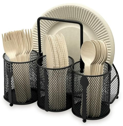 DysanVica Utensil Caddy Silverware Holder - 4 Compartment Metal Mesh Cutlery Fork Spoon Napkin Plate Organizer Flatware Storage Basket Party Kitchen Countertop Buffet Picnic Camping Outdoor BBQ Black