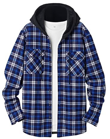 QIXING Herren Kariertes Flanellhemd Winter Hemd Warm Langarm Fleece Hoodie mit Knopfleiste Herren Holzfällerhemd mit Kapuze(Blau Weiß, XL)