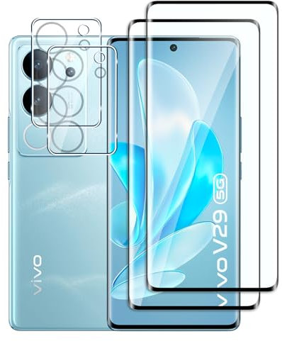 Fyqzio [2+2 Piezas Cristal templado compatible con Vivo V29 5G y protector de pantalla de cámara,sin burbujas,dureza 9H,antiarañazos,3D Cobertura Completa,HD protector de pantalla