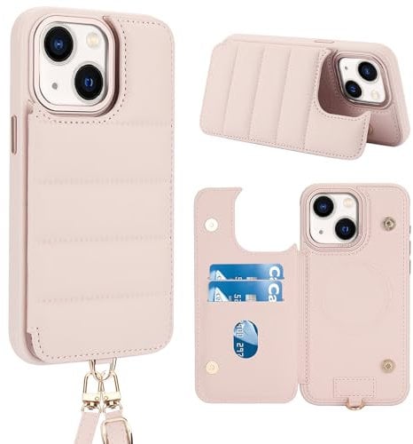 Butnyeoe Crossbody Wallet Case for iPhone 13/14(6,1) with Card Holder Magnetic Charging Kickstand,Flip Leather Phone Case,RFID Blocking Protective Cover,Wrist Strap Lanyard Handbag,Pink