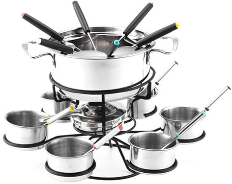 Kit à fondue au fromage rotatif – 21 petits pots à fondue au fromage en acier inoxydable, caquelon à fondue avec 6 fourchettes, 6 bols, ensemble à fondue multifonctionnel, ensemble de cuisine pour 6 p