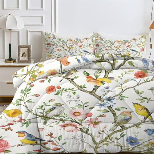 Vögel Blumen Bedruckt Bettdecke 150x220 4 Jahreszeiten, Wende Gartenblumen Steppdecke Schlafdecke Bettdecke ohne Bezug Waschbar,Warme & Weiche Bettdecken, Ganzjahresdecke 155x220 mit 2 Kissenbezug