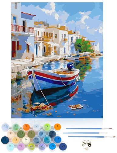 CEOVR Scenery Paint by Numbers for Adults Beginners,16x20in,DIY Landscape Oil Painting Kits,Frameless,Boat on The Riverbank