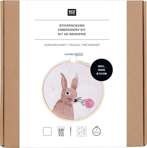 Rico Design Stickpackung: Stick-Set für Ostern, Ø 10 cm, Deko & DIY-Kit, Handarbeit, Hobby, Bastelprojekt, Stickerei Hase