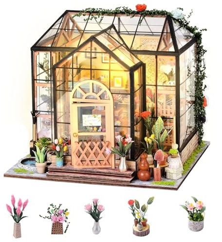 M MUNCASO DIY Miniature Dollhouse Kit, Mini House Making Kit with Furniture and LED light, 1:24 Scale Craft Kit, Jenny Flower House Handmade Wooden Greenhouse Kits Toy for Family and Friends