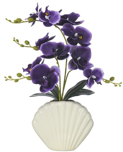 16 Deep Purple Orchid Silk Phalaenopsis in Seashell Pot for Table Décor | Realistic Orchid Artificial Flower in Unique Shell Ceramic Pot for Home Office Shelf Table Centerpiece, Zero Maintenance