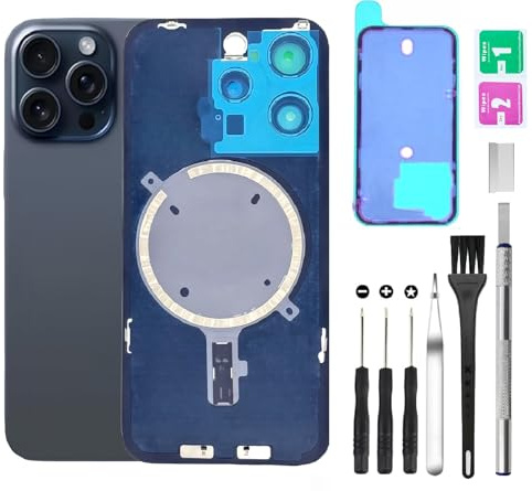 Rear Back Glass Replacement for iPhone 15 Pro Max Back Glass + Camera Lens + Magnet + Iron Piece Holder with Repair Tool Kit (Blue)
