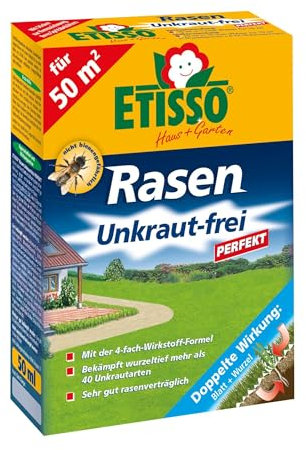 Etisso Rasen Unkraut-frei Perfekt, Rasenunkrautvernichter, 50ml für 50m², 4-Fach Wirkstoff-Formel gegen 40 Unkrautarten im Rasen