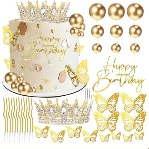 PurityPeak Torten Deko Set, Goldene Krone mit Kugeln, Schmetterlinge und Geburtstagskerzen, Cake Topper für Hochzeit, Jugendweihe und Baby Shower, Torten Deko Mann, Torten Deko Schwarz