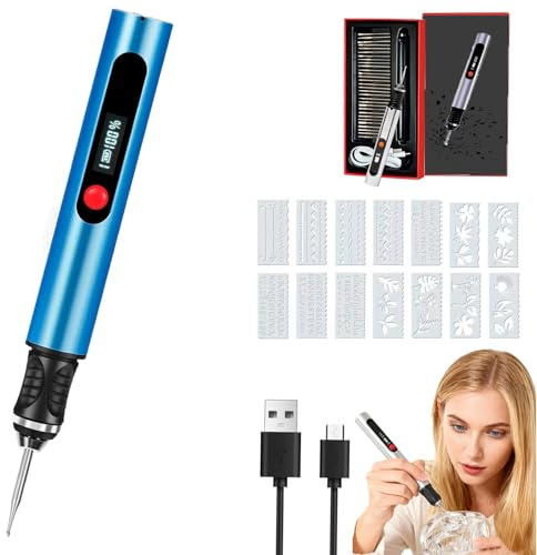 Gravierstift PRO, Inklusive 30 Bits und 16 Schablone, Kabelloser Tragbarer Gravierstift, Gravieren Sie über 50 Oberflächen, Engraving Pen, Anfängerfreundlich, Wiederaufladbar (BLUE)