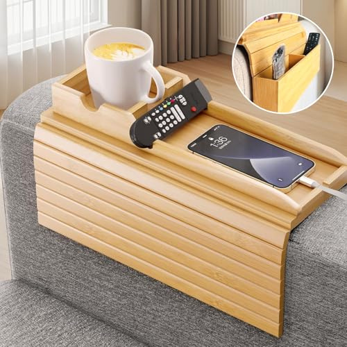 Sofatablett Armlehne, Bambus Sofalehne Ablage, Faltbares Couch Tablett Armlehnes, Anti-Rutsch Sofa Tablett Tisch, mit Getränkehalter für Getränke, Snacks, Zeitschriften und Fernbedienungen