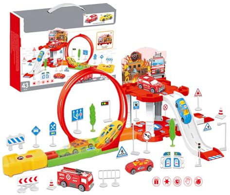 Picysa Spielzeugauto mit Auswurfbahn, spannendes Spielzeug für Autostart, zum Zusammenbauen mit Parkplatz für Kinder