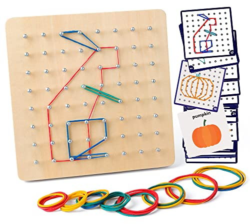 Coogam Holz Geoboard mathematisch kontrollierte Materialien Array von Blöcken Geo Board – Latex Band Formen Stäbe Puzzle Matrix 8 × 8 Kinder Gehirn-Wendungen