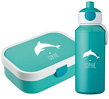 4ou Design Mepal Set Brotdose & Trinkflasche personalisiert mit Namen – Delfin türkis – Auslaufsicher, Bento Einsatz rausnehmbar, inkl. Snackgabel – BPA frei – Geschenk für Kinder (Cool Mint Delfin)