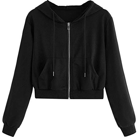 YEBIRAL Damen Sweatjacke, Teenager Mädchen Bauchfrei Kapuzenpullover Langarm Kurz Hoodie Sweatshirt Crop Pullover Tops Kapuzenjacke mit Kordel und Zip (Schwarz, S)