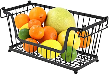 Taylor & Brown Black Storage Stacking Wire Basket Stackable Shelves Vegetable Food Kitchen Storage Rack Stand Bathroom Multi-Purpose Organiser with Adjustable Handles
