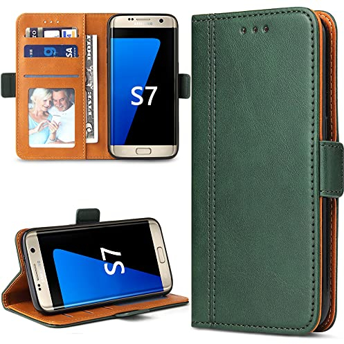 Bozon Handyhülle für Samsung Galaxy S7, Lederhülle mit Kartenfächer, Schutzhülle mit Standfunktion, Grün