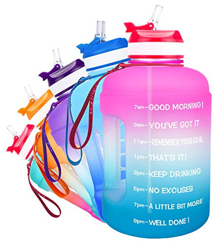 QuiFit 3.78 Litre Motivational Water Bottle - with Straw & Time Marker,Wide Mouth,BPA Free,Reusable,Ideal for Gym,Outdoor Sport,Home & Office (Pink/Blue Gradient, 3.78 Liter)