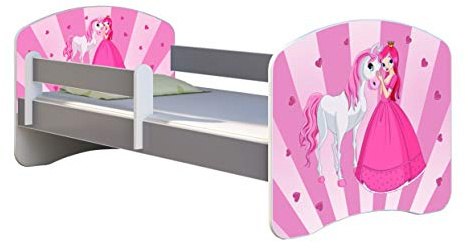 ACMA Kinderbett Jugendbett mit Matratze Grau mit Rausfallschutz Lattenrost II Spielbett Kinderzimmer Möbel (08 Princess, 140x70)