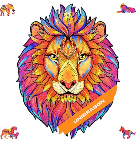 UNIDRAGON Original Wooden Jigsaw Puzzle - Mysterious Lion, 700 pcs, Royal Size 21.3x16.5, Unique Animal Shaped Puzzle Box, Birthday Gift Idea for Kids, Adults, Girls, Boys, Family Game and Hobby