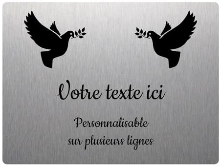 Placa grabada funeraria con diseño de dos palomas con ramitas autoadhesivas, 20 x 15 cm, personalizada, 1 a 3 líneas, aluminio cepillado