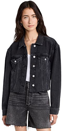 PAIGE Women's Blythe Jacket Cropped Fit Puff Sleeve Raw Hem in Dark Onyx Denim, XL