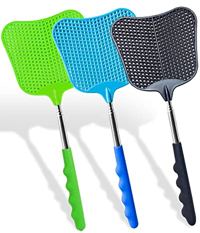 Wapodeai 3 pezzi Swatter, Swatter mosche in plastica, spazzamosche telescopici, grandi insetti che funzionano per interni ed esterni (nero blu verde)