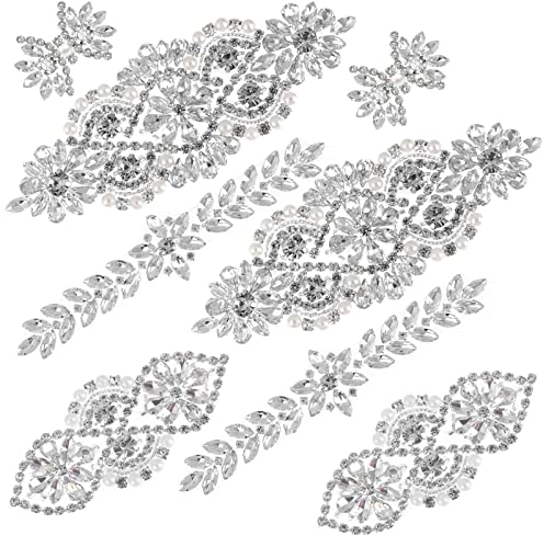 Datingshiny 8 Stück Kristall Strass Applikation Silber Hochzeit Applikation Aufbügeln auf Strass Aufbügler Aufnäher für Braut Hochzeit Kleid Schärpe Kristall Gürtel DIY Nähen Applikationen