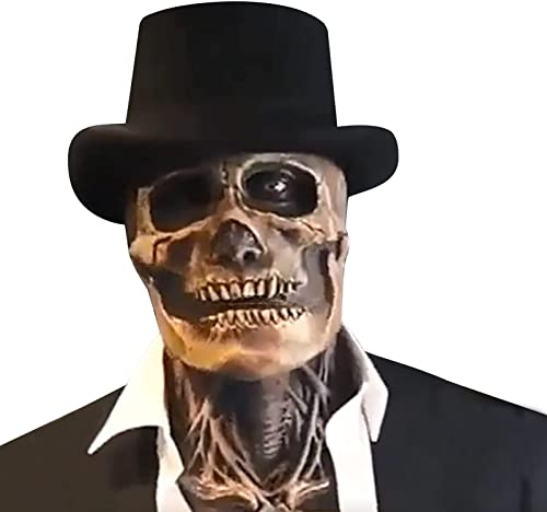 SINSEN The Latest Skeleton Biochemical Mask Black Hat Scary Skull Creepy Full Head Mask Moving Jaw Halloween Cosplay Props for Adults