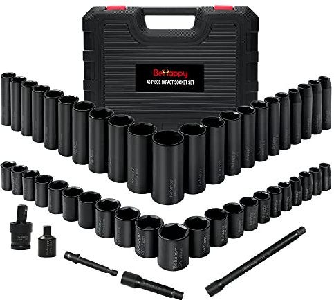 BeHappy 3/8-Zoll-Schlag-Steckschlüssel-Set, 49-teiliges Steckschlüssel-Set, Schlag-Steckschlüssel-Set enthält metrisches Steckschlüssel-Set 8–22 mm, Universal al Joint, A Adapter