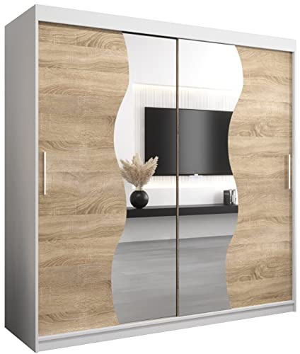 KRYSPOL Schwebetürenschrank Madryt 200 cm mit Spiegel Kleiderschrank mit Kleiderstange und Einlegeboden Schlafzimmer- Wohnzimmerschrank Schiebetüren Modern Design (Weiß + Sonoma)