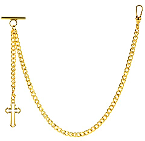 ZTA Herren Albert Kette Golden Taschenuhr Kette Weste Kette für Männer FOB T BAR mit Hohl Kreuz Design Anhänger FOB Charme
