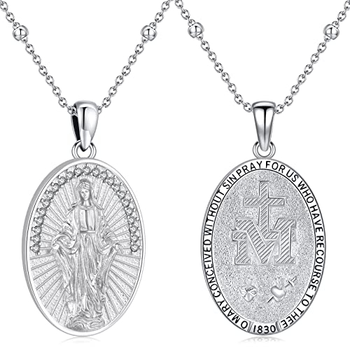 Eusense Heilige Jungfrau Maria Halskette Mary Anhänger 925 Sterling Silber Saint Kette Katholischer Religiöser Schmuck Medaille Schutzamulett für Frauen Damen
