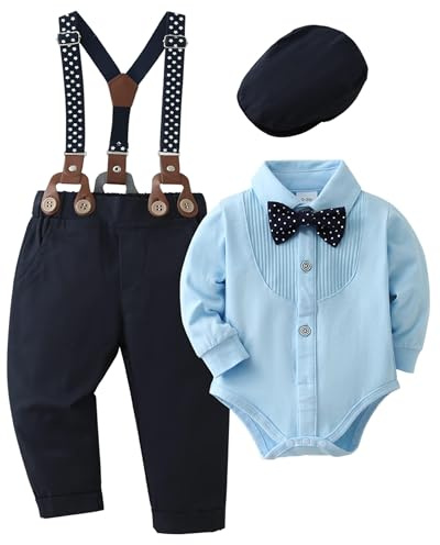Zoerea Bimbo Neonato Completini Gentiluomo 0-18 Mesi Battesimo Abbigliamento Set Pagliaccetto con Fiocco + Bretelle Pantaloni + Berretti