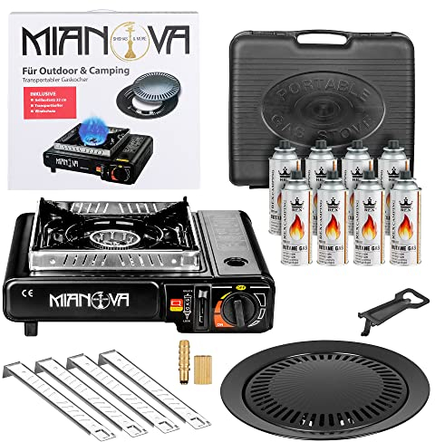 Mianova Campingkocher Set Outdoor Gaskocher BBQ Anzünder Grill Notfallkocher Gaskartuschen Gas Kocher Tisch Herd 1 flammig Grillplatte Kartuschen 8 Gasflaschen
