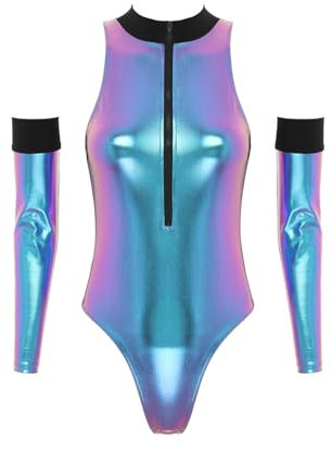 iEFiEL Damen Metallic Body Lackleder Bodysuit Catsuit Wetlook Jumpsuit Langarm/Kurzarm Turnanzug Ballettbody Trikotanzug Tanzkostüm W Blau M