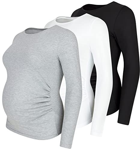 M.M.C. Umstandsshirt 3er Set unifarben Umstandsmode Schwangerschaft Schwangerschaftsshirt, Langarm (Schwarz, Weiß, Hellgrau, Medium)
