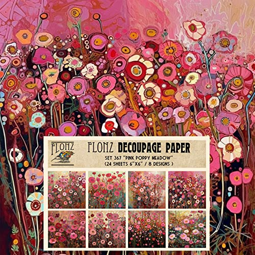 Decoupage Paper Pack (24 Sheets 6x6) Pink Poppy Meadow # Vintage Styled Pattern Paper for Decoupage, Craft and Scrapbooking