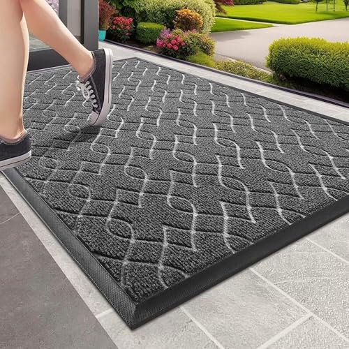 Yimobra Fussmatte Aussen, Waschbar Wetterfest, 120 x 81 cm, Robuste und Wasserabsorbierende, Schmutzresistente Fußmatten, Mit Rutschfester Rückseite Fußmatte Gummi, Schwarz Grau