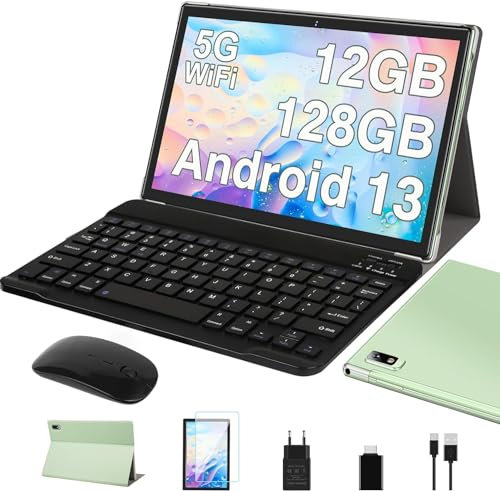 2025 Latest Tablette Tactile 10 Pouces Android 13 OS,12GB RAM+128GB ROM/TF 1TB | 5G WiFi | 8 Cœurs | 2.0 GHz | GMS Certified | Widgets | Parental Controls | Tablette avec étui, clavier et souris -Vert